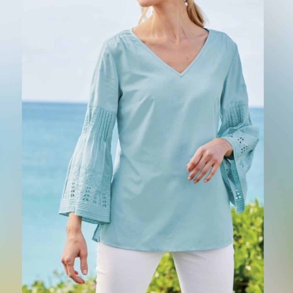 Soft Surroundings Heloise Eyelet embroidered Sleeve aquatic blue Tunic XL